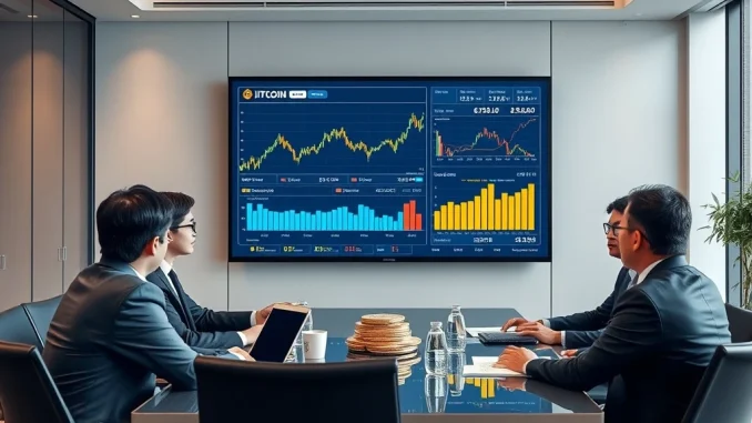 Metaplanet executives analyzing Bitcoin strategy and 2026 financial forecasts in corporate boardroom