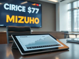 Analyst report showing Mizuho Securities' $77 price target for Circle, highlighting the USDC and Polymarket connection.