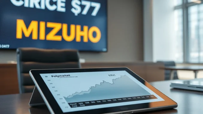 Analyst report showing Mizuho Securities' $77 price target for Circle, highlighting the USDC and Polymarket connection.