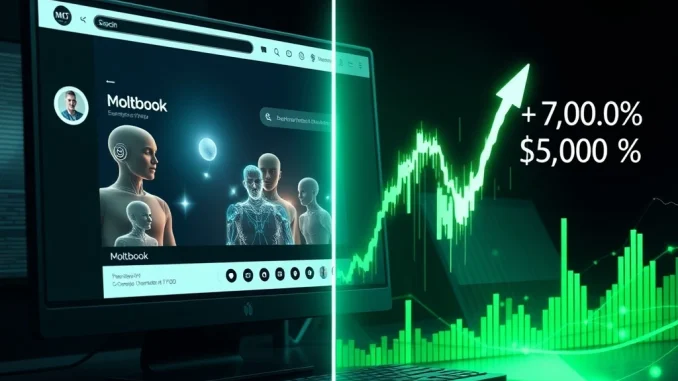 MOLT Memecoin's Stunning 7,000% Surge Fueled by Viral AI-Only Social Network Moltbook MOLT memecoin price chart surging next to the Moltbook AI social network interface, illustrating the 7,000% gain.