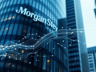 Morgan Stanley headquarters with digital asset interface representing its new cryptocurrency and blockchain strategy.