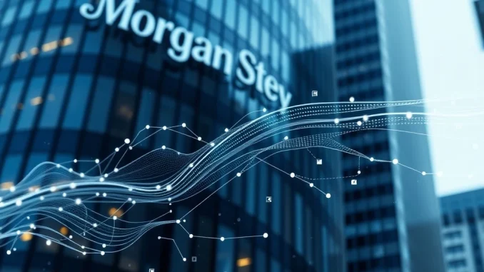 Morgan Stanley headquarters with digital asset interface representing its new cryptocurrency and blockchain strategy.