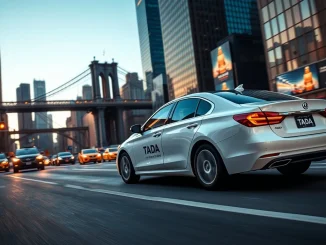 TADA ride-hailing car driving in New York City as part of MVL's $100 million U.S. expansion plan.