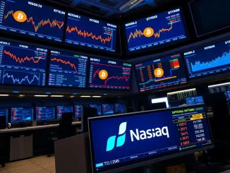 Nasdaq trading floor displaying Bitcoin and Ether ETF options data with institutional investors