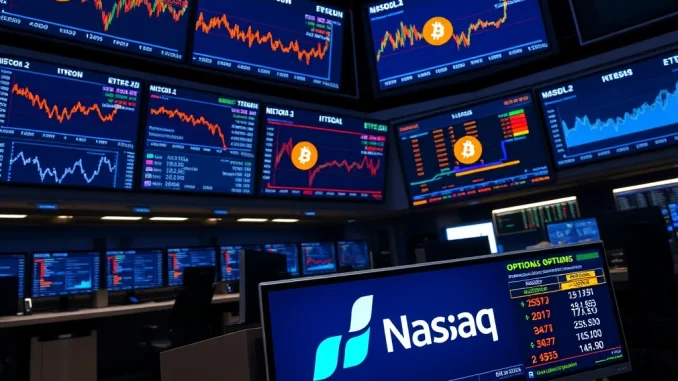 Nasdaq trading floor displaying Bitcoin and Ether ETF options data with institutional investors