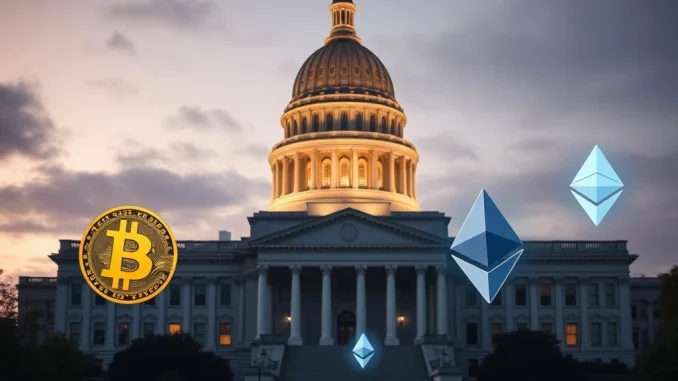 New York State Capitol with cryptocurrency symbols representing the new CRYPTO Act legislation