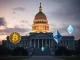 New York State Capitol with cryptocurrency symbols representing the new CRYPTO Act legislation