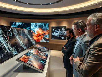 Wealthy collectors engaging with NFT digital art displays in modern gallery setting representing market dynamics