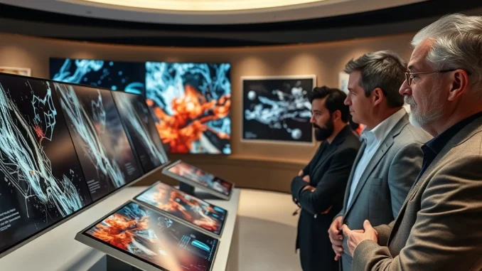 Wealthy collectors engaging with NFT digital art displays in modern gallery setting representing market dynamics