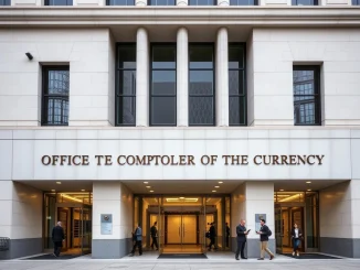 OCC building representing regulatory decision on World Liberty Financial bank charter application