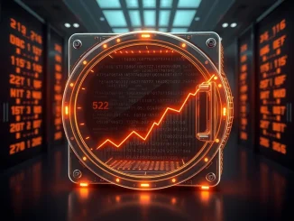Illustration of a secure blockchain vault with a growth chart, representing the doubling on-chain vault market.