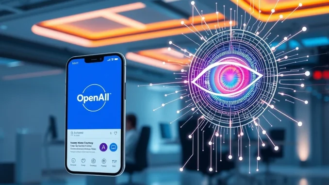 Conceptual image of OpenAI social media platform integrating with Worldcoin digital identity verification system.