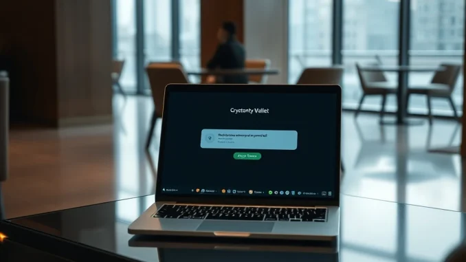 Illustration of a crypto wallet security breach via public hotel WiFi network