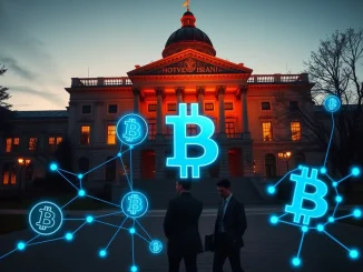 Rhode Island State House with Bitcoin blockchain overlay representing new cryptocurrency tax legislation