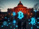Rhode Island State House with Bitcoin blockchain overlay representing new cryptocurrency tax legislation