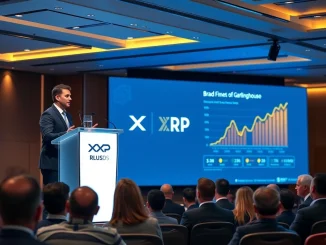 Ripple CEO Brad Garlinghouse presenting 2025 strategy for XRP and RLUSD growth at fintech conference