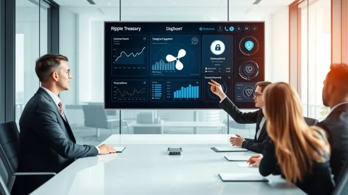 Ripple Treasury platform dashboard displayed in a modern corporate boardroom, showcasing blockchain-powered financial management.