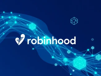 Robinhood logo integrated with blockchain and DeFi symbols representing its new tokenized trading features.