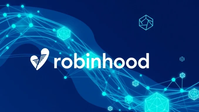 Robinhood logo integrated with blockchain and DeFi symbols representing its new tokenized trading features.