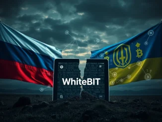 Conceptual image of Russia banning the WhiteBIT cryptocurrency exchange over its support for Ukraine, showing digital conflict.