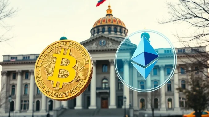 Russian State Duma building with digital cryptocurrency symbols representing the new retail investment bill.