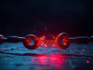 Saga exploit aftermath showing a fractured blockchain link representing the $7 million security breach.