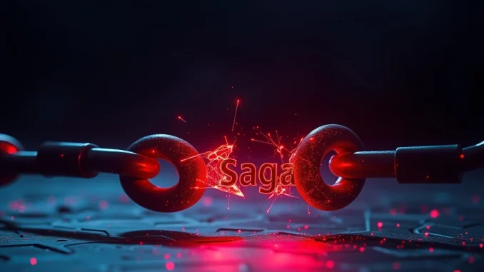 Saga Exploit: Devastating $7M Attack Cripples Layer 1 Protocol's SagaEVM Chain Saga exploit aftermath showing a fractured blockchain link representing the $7 million security breach.