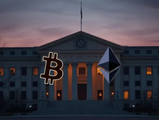 SEC headquarters with conflicting crypto symbols representing the divide over market structure regulation