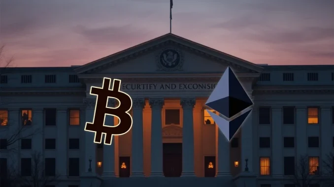 SEC headquarters with conflicting crypto symbols representing the divide over market structure regulation