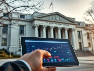 SEC headquarters with crypto charts illustrating the delay in crypto innovation exemptions.