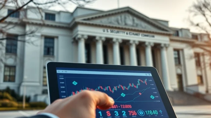 SEC headquarters with crypto charts illustrating the delay in crypto innovation exemptions.