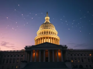 U.S. Capitol at dusk with digital overlay representing the landmark crypto market structure bill passage.