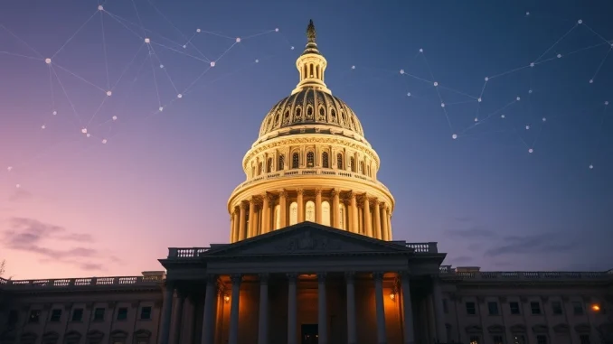 Landmark Crypto Market Structure Bill Passes Senate Committee in Narrow Vote U.S. Capitol at dusk with digital overlay representing the landmark crypto market structure bill passage.