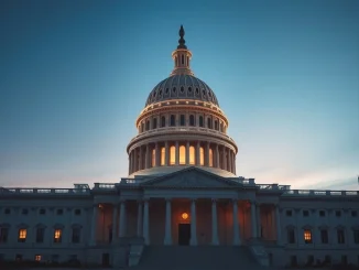 US Capitol with digital crypto overlay representing the Senate Banking Committee's crucial crypto bill markup on the CLARITY Act.