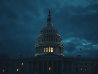 US Capitol building at dusk as government shutdown fears surge after Senate vote.