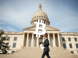 South Dakota State Capitol with Bitcoin symbol representing the proposed public funds investment bill HB 1155.