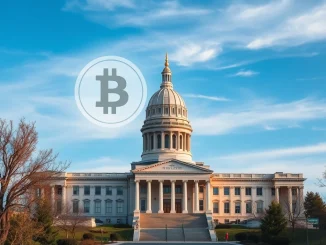 South Dakota State Capitol with Bitcoin symbol representing the HB 1155 bill for institutional cryptocurrency investment.