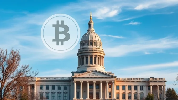 South Dakota State Capitol with Bitcoin symbol representing the HB 1155 bill for institutional cryptocurrency investment.