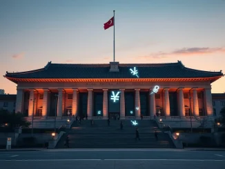 South Korea's National Assembly with digital finance overlay representing the delayed stablecoin bill and crypto regulations.