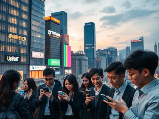 South Korean crypto traders activity in Seoul with exchange data overlays showing 70% growth.