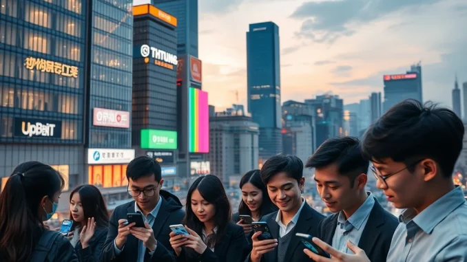 South Korean crypto traders activity in Seoul with exchange data overlays showing 70% growth.