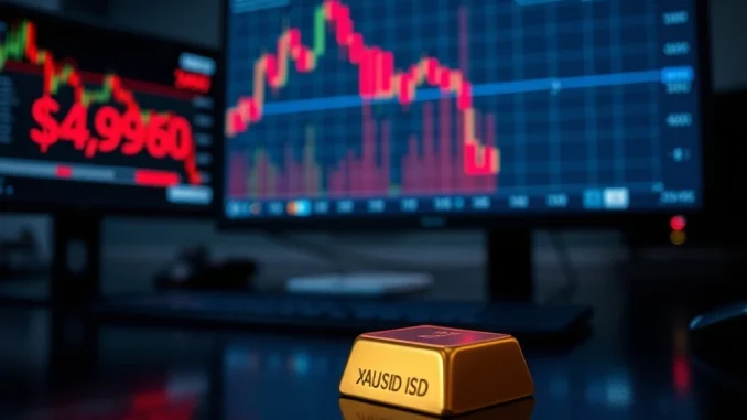 Spot Gold Plummets: Dramatic Fall Below $5,000 Sends Shockwaves Through Precious Metals Spot gold price chart showing a dramatic drop below $5,000 per ounce on a financial trading desk.