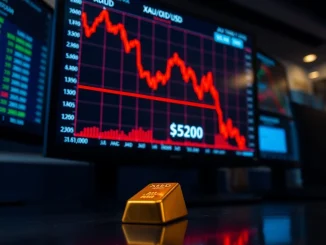 Chart showing the dramatic spot gold price correction falling to $5,200 per ounce on a trading terminal.