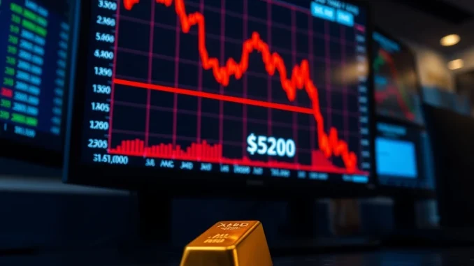 Spot Gold Price Plummets: A Stunning 5.45% Correction to $5,200 Shakes Markets Chart showing the dramatic spot gold price correction falling to $5,200 per ounce on a trading terminal.