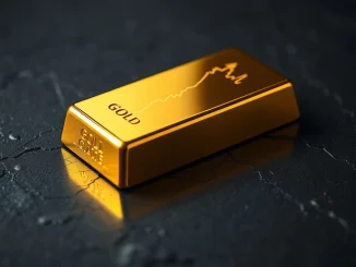 Gold bullion bar reflects a chart showing spot gold price hitting a new all-time high above $5,000.