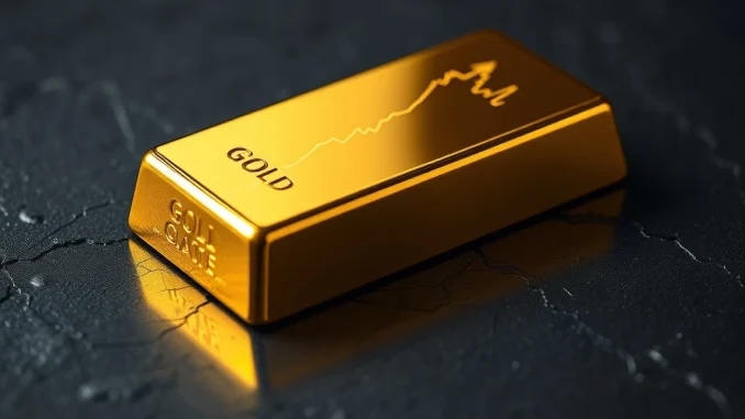 Gold bullion bar reflects a chart showing spot gold price hitting a new all-time high above $5,000.