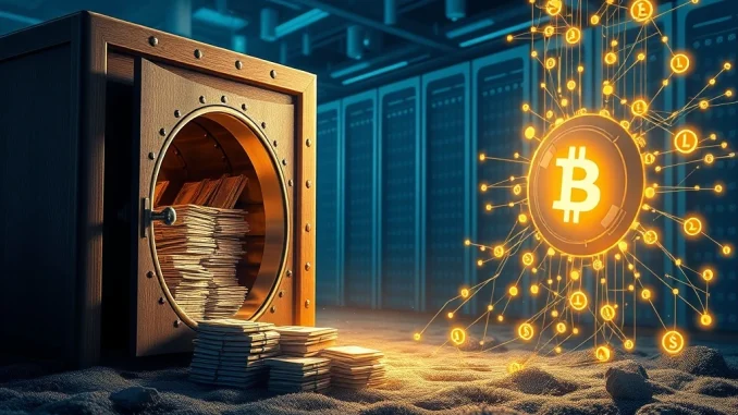 Conceptual image showing stablecoin growth threatening traditional bank deposits, based on Standard Chartered analysis.