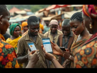 People in an African market using smartphones for stablecoin transactions to combat inflation and high remittance costs.