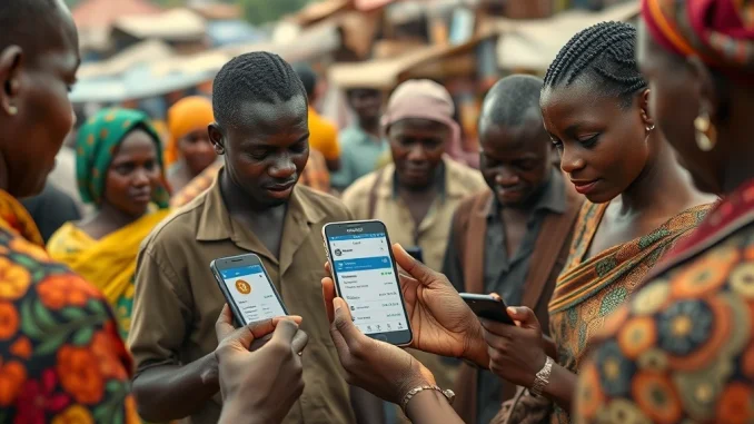 People in an African market using smartphones for stablecoin transactions to combat inflation and high remittance costs.