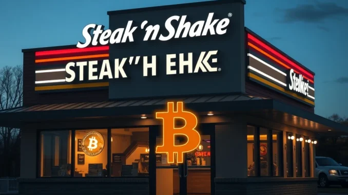 Steak 'n Shake restaurant with Bitcoin logo overlay, representing its corporate cryptocurrency investment strategy.